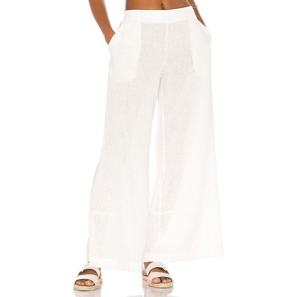 PQ Savannah Smocked Pants Water Lily White Linen Smocked Resort - Picture 3 of 6